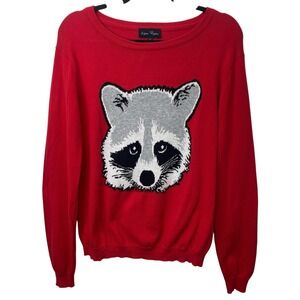 Alcea Rosea Sweater Womens Large Red Raccoon Face Knit Pullover Crewneck Cute